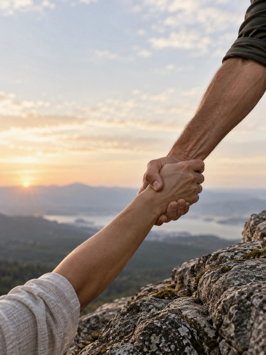 One adult reaches down and clasps the wrist of another adult stepping up a stone ledge, a believable mutual grip, only hands and forearms visible.