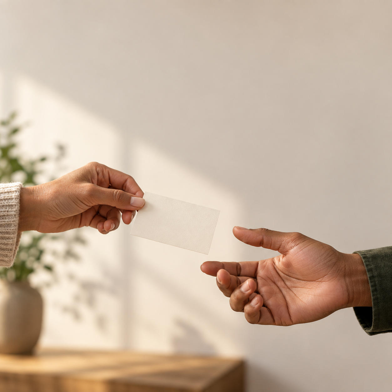 One adult hand passes an entirely blank small cream card to another, fingertips carefully separated and visible, warm natural side light.