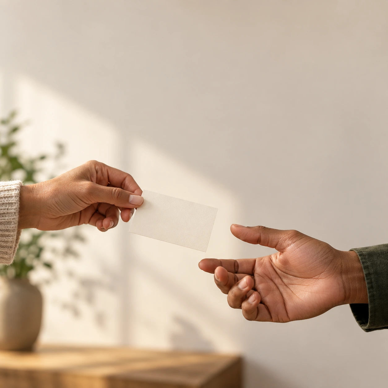 One adult hand passes an entirely blank small cream card to another, fingertips carefully separated and visible, warm natural side light.