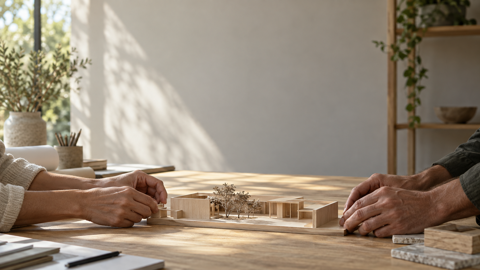 Two adults' hands at the lower edge of a broad worktable arranging one simple wooden architectural model, casual unbranded sleeves, no faces.