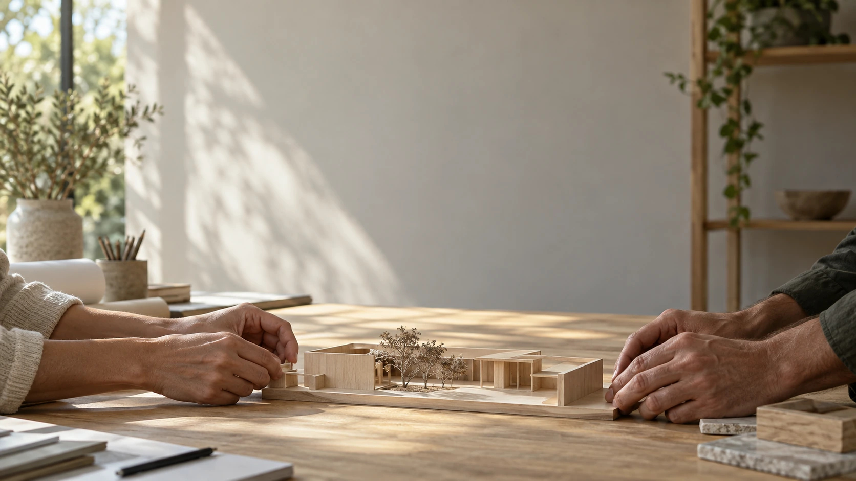 Two adults' hands at the lower edge of a broad worktable arranging one simple wooden architectural model, casual unbranded sleeves, no faces.