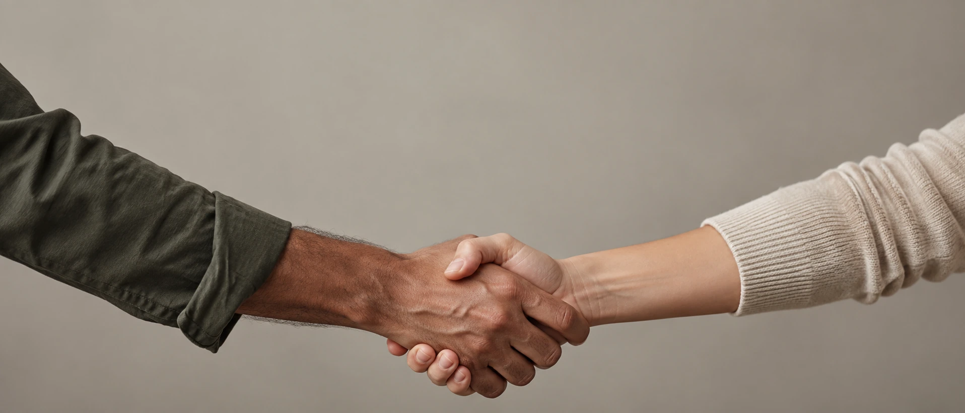 A wide panoramic editorial image of two adult forearms reaching from opposite edges to meet in one anatomically correct handshake low in the frame, plain warm gray backdrop.