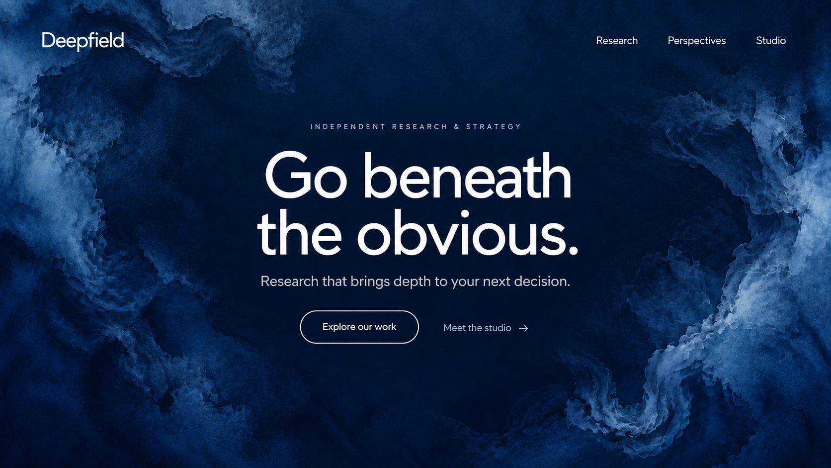 Deepfield · Independent research studio. Static website hero mockup using Indigo ink tide imagery.