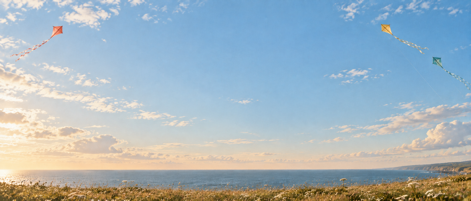 Playful kites and a wide-open sky. Closing call-to-action or signup section.