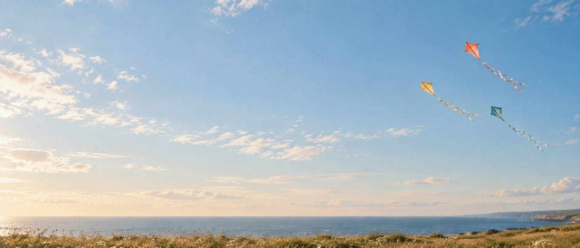 Playful kites and a wide-open sky. Main background.