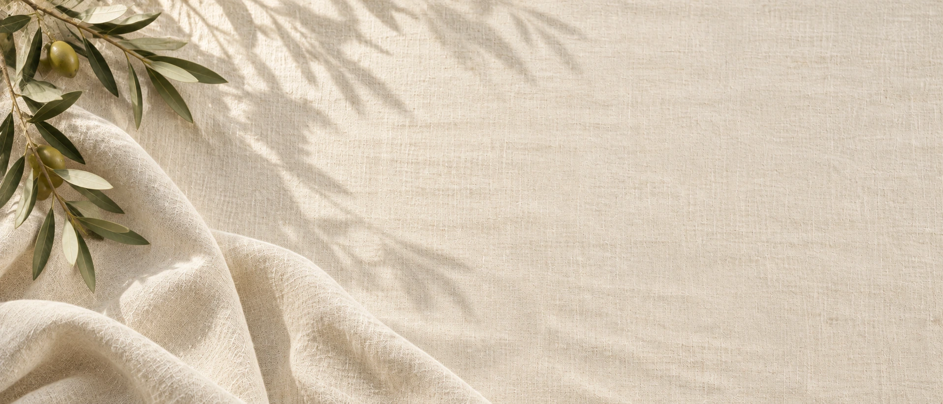 Soft linen folds and gentle olive morning light. Alternate hero with copy on right.