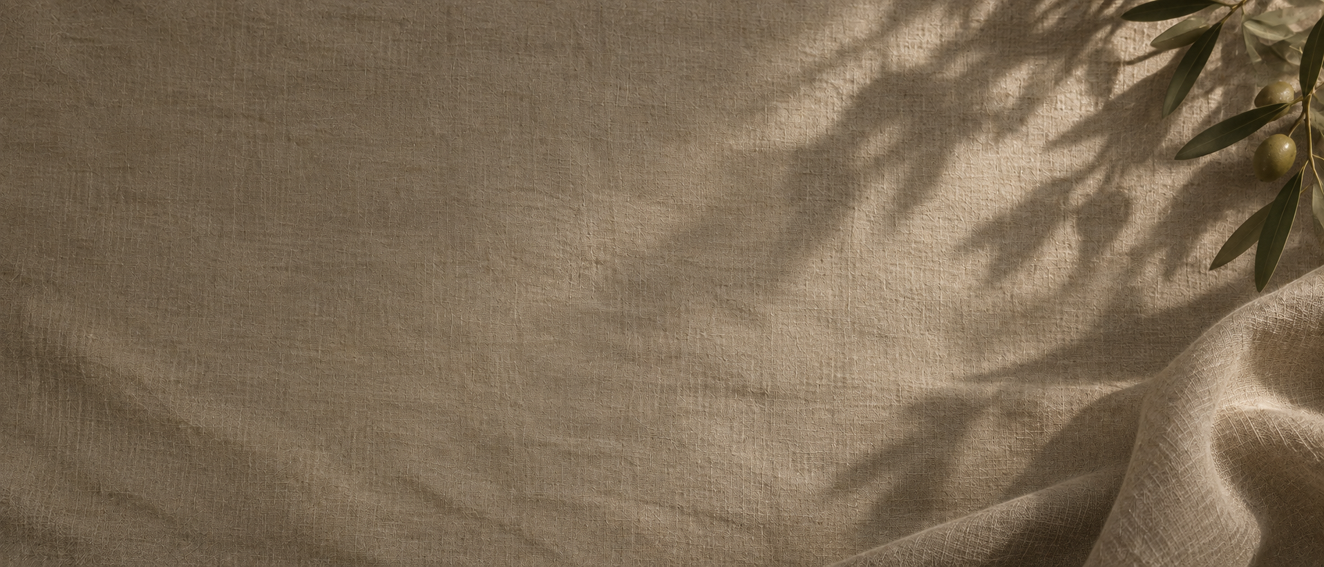 Soft linen folds and gentle olive morning light. Darker section background.