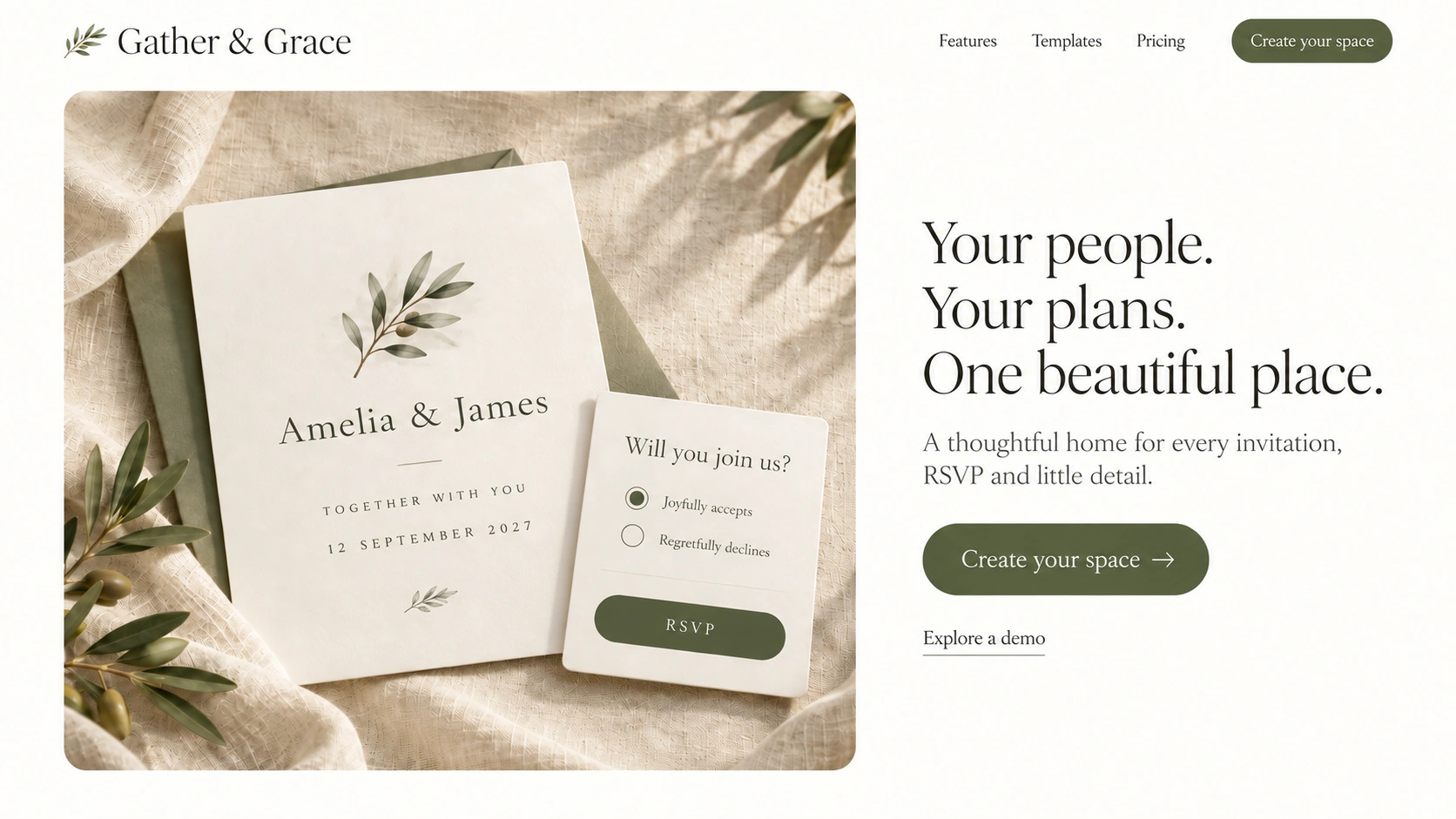 Gather & Grace · Wedding portal and guest planning. Static website hero mockup using Linen olive morning imagery.
