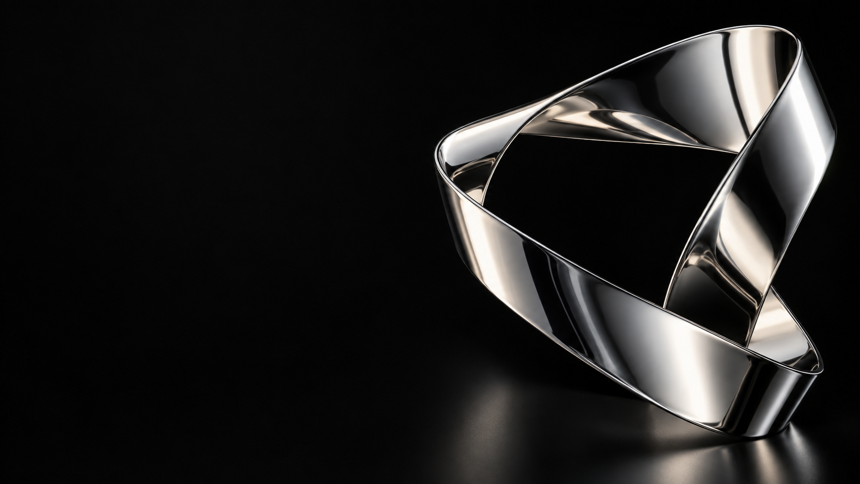 One thin polished steel ribbon twists in a precise angular loop at the right, mirror reflections sharply controlled, matte black background.