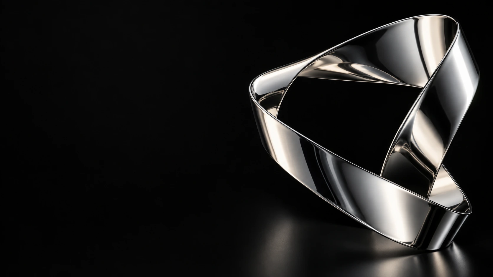 One thin polished steel ribbon twists in a precise angular loop at the right, mirror reflections sharply controlled, matte black background.