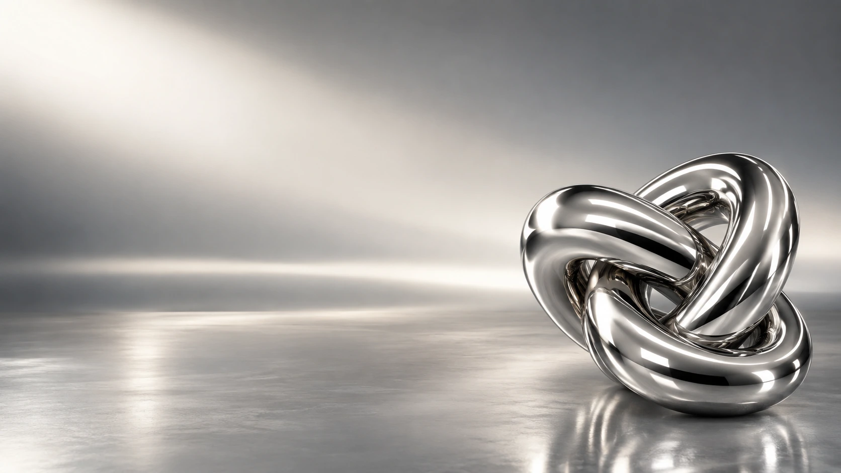 A compact knotted tubular polished chrome sculpture at the lower right, elegant interlocking geometry and sharp white strip-light reflections.