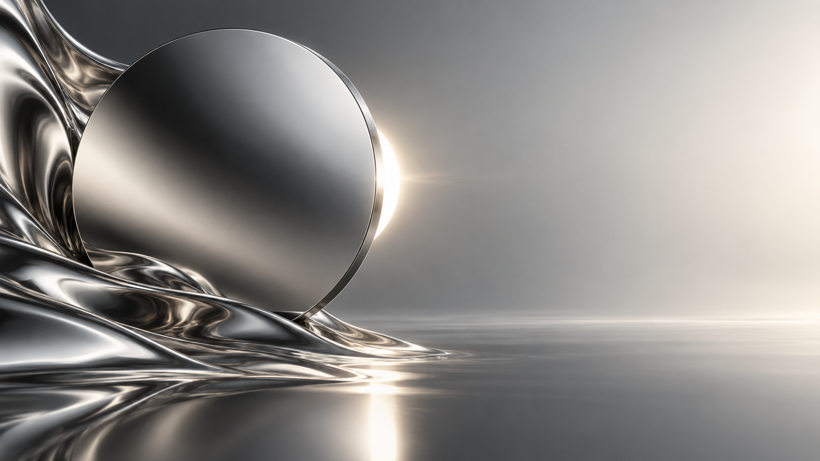 A polished steel disc on the left catches a narrow white backlight above flowing silver folds.