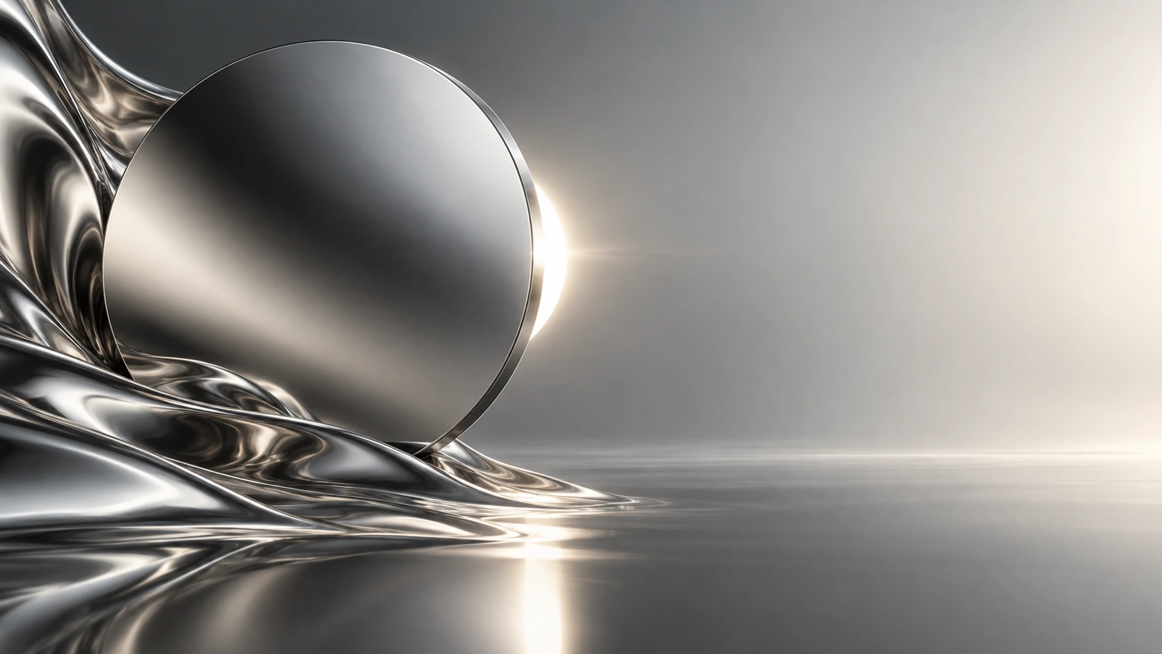 A polished steel disc on the left catches a narrow white backlight above flowing silver folds.