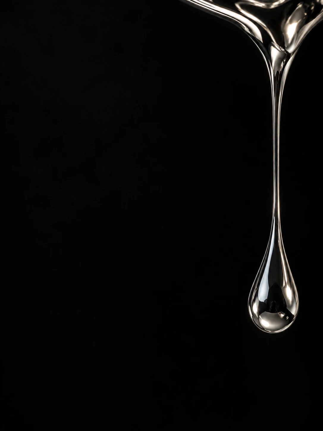 A thin elongated droplet of liquid chrome stretches vertically from the top right, surface tension physically believable, black background.
