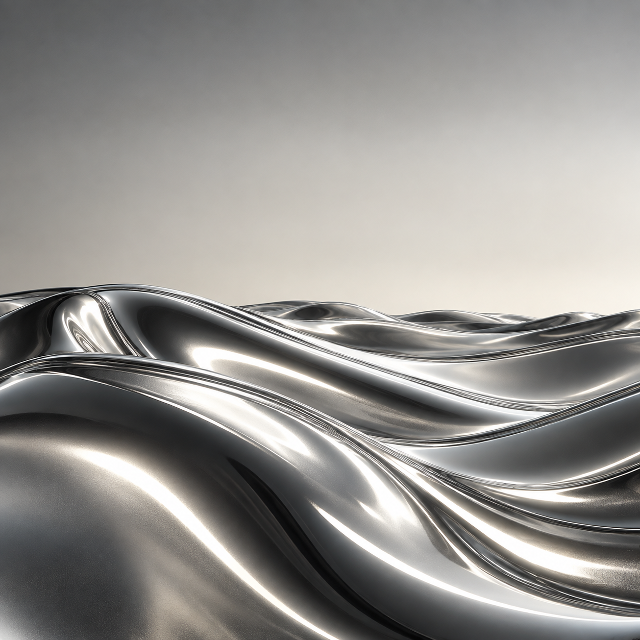 Macro of tightly spaced curved metallic folds resembling tiny dunes, directional white strip reflections, low sculptural horizon.