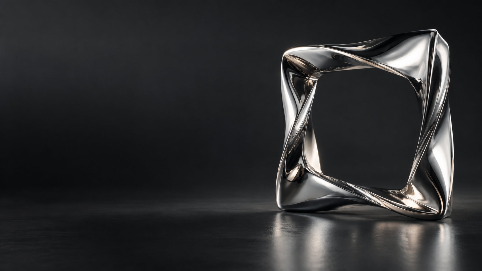 A single square frame made of mirror-polished steel twists slightly in three-dimensional space, isolated at the right on charcoal.