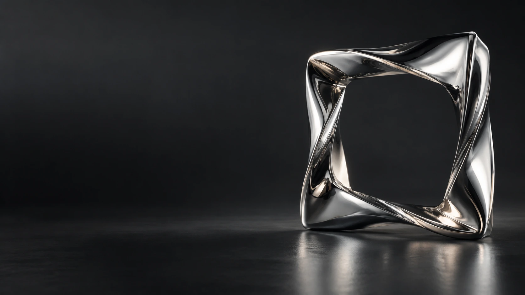 A single square frame made of mirror-polished steel twists slightly in three-dimensional space, isolated at the right on charcoal.