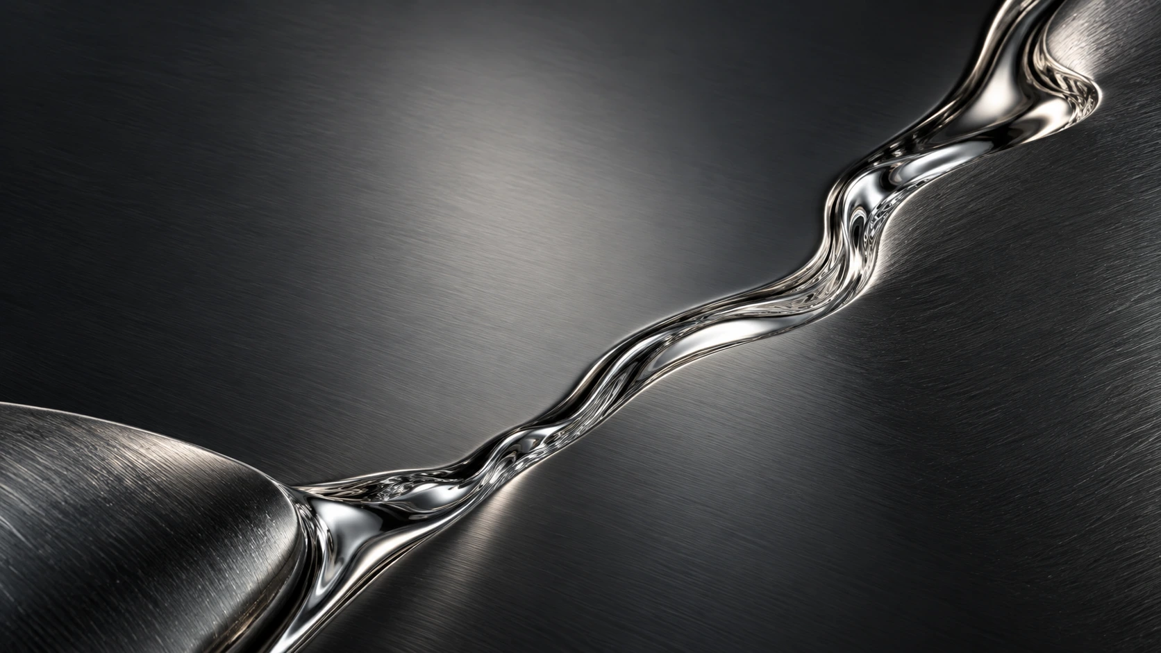 Two dark brushed metal planes meet along a narrow flowing line of liquid silver, diagonal composition and fine texture.