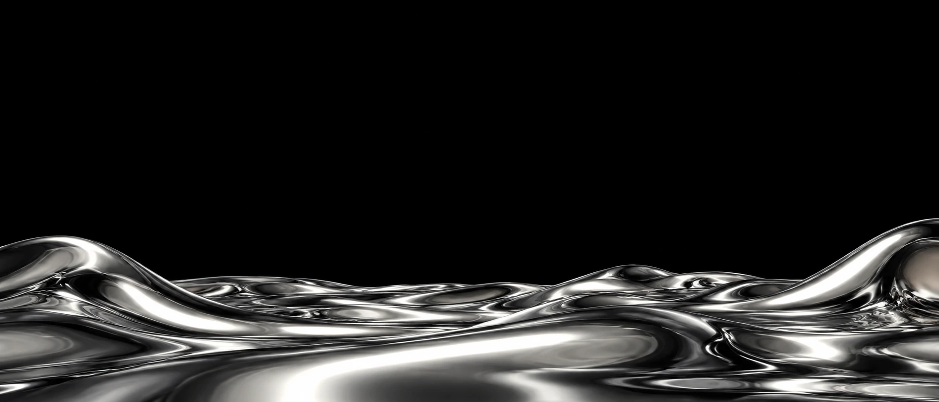 An ultrawide low horizon of rippling chrome liquid illuminated by a long white softbox reflection, the upper two thirds absolute black.