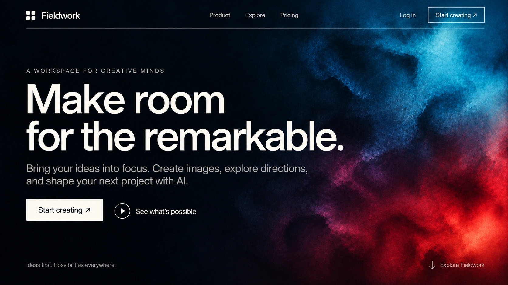 Fieldwork · Creative AI workspace. Static website hero mockup using Midnight color fields imagery.