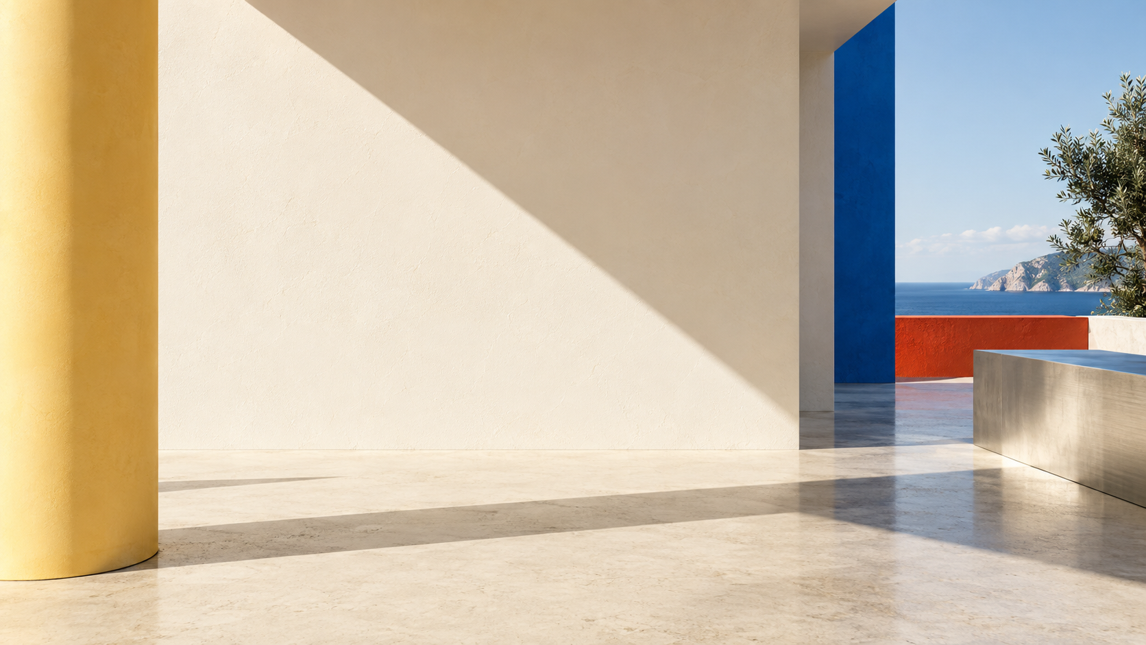 A matte butter-yellow cylindrical column stands at the left edge of an otherwise empty ivory architectural space.