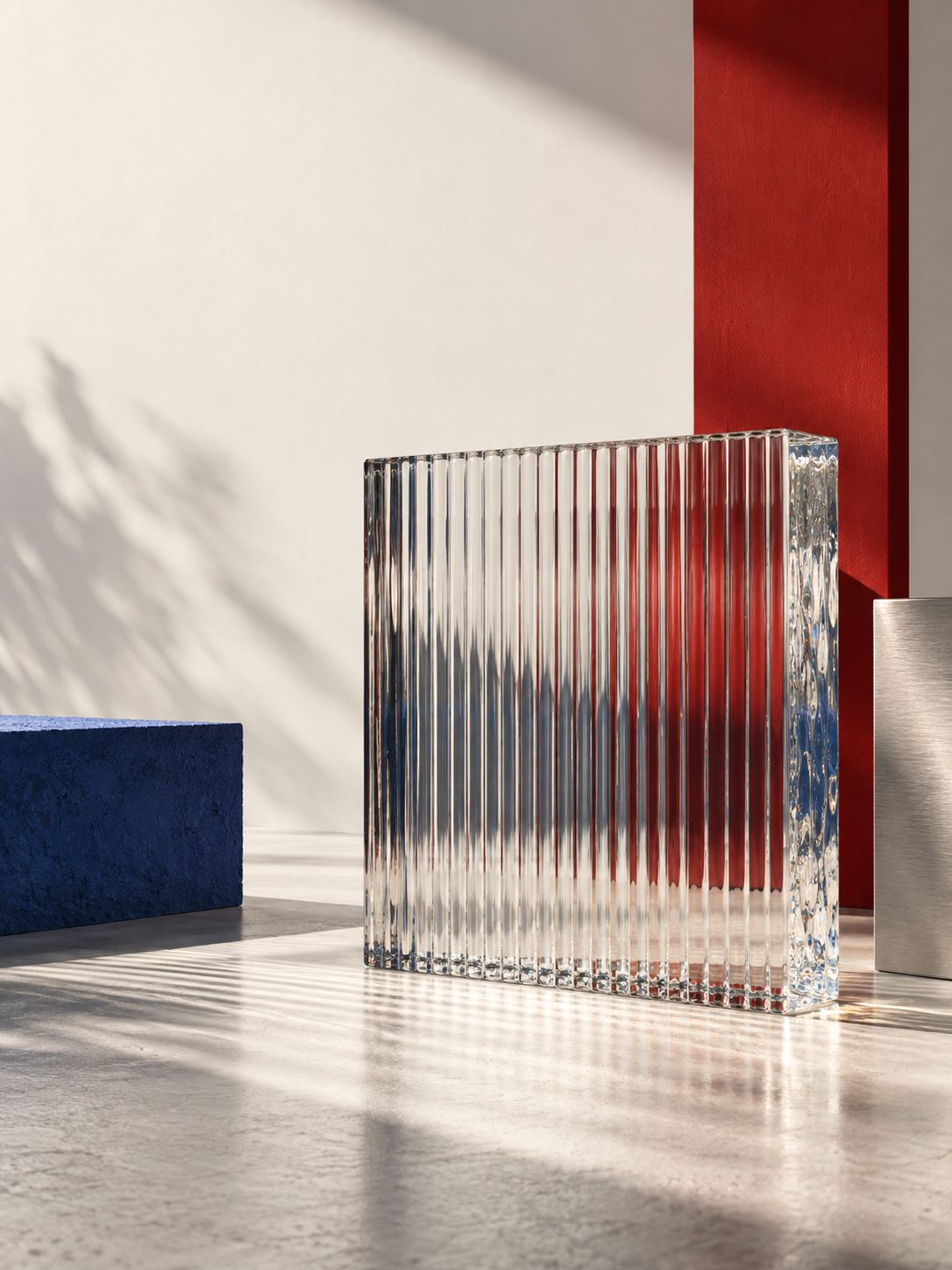 One large ribbed clear glass block refracts a narrow red vertical panel behind it, on a neutral white studio floor.