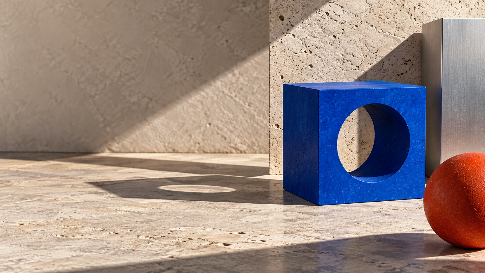 A bright cobalt cube with one circular cutout casts a long hard shadow on warm gray stone.