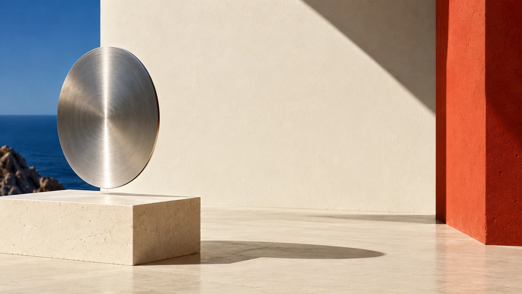 A thin brushed steel disc appears suspended just above a cream plinth, photographed with plausible fine support hidden behind.