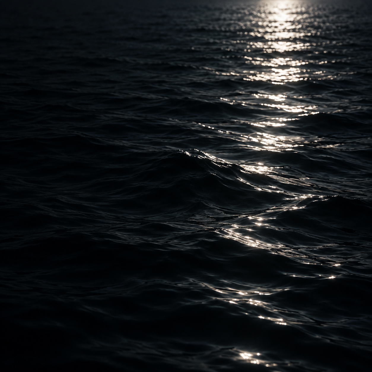 Silver moonlight falling across deep, still water. Square editorial or social card.