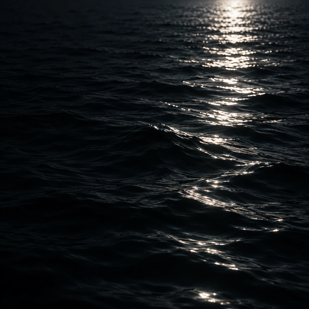 Silver moonlight falling across deep, still water. Square editorial or social card.