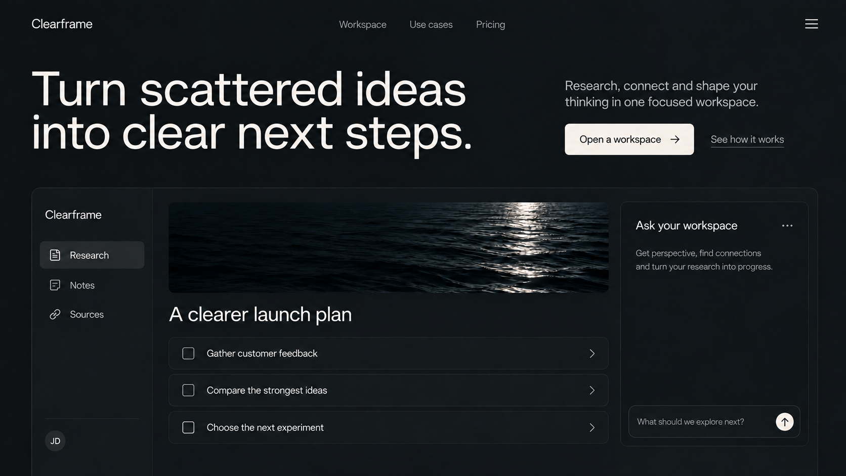 Clearframe · AI research workspace. Static website hero mockup using Moonlit water imagery.