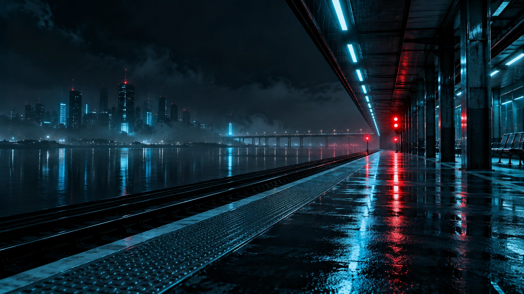 A deserted futuristic train platform at night, slim cyan ceiling lights receding to a vanishing point on the right, red signal reflected on wet black floor.