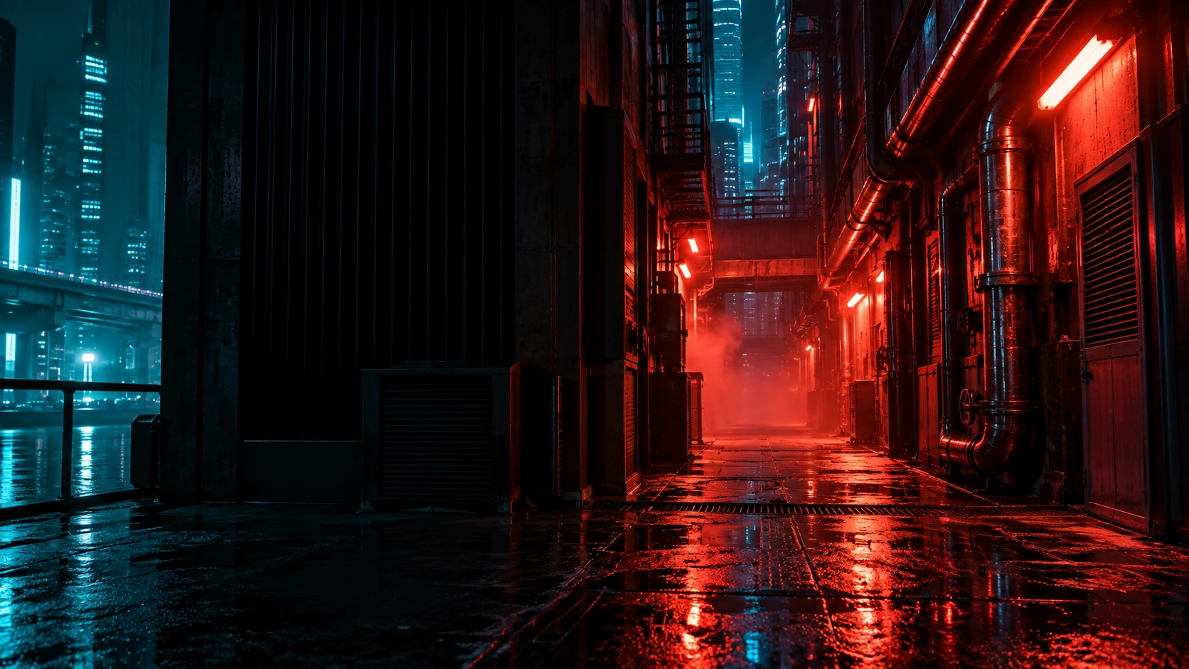 A narrow futuristic service alley opens on the right, vermilion light washing wet metal pipes, deep black open facade on the left.