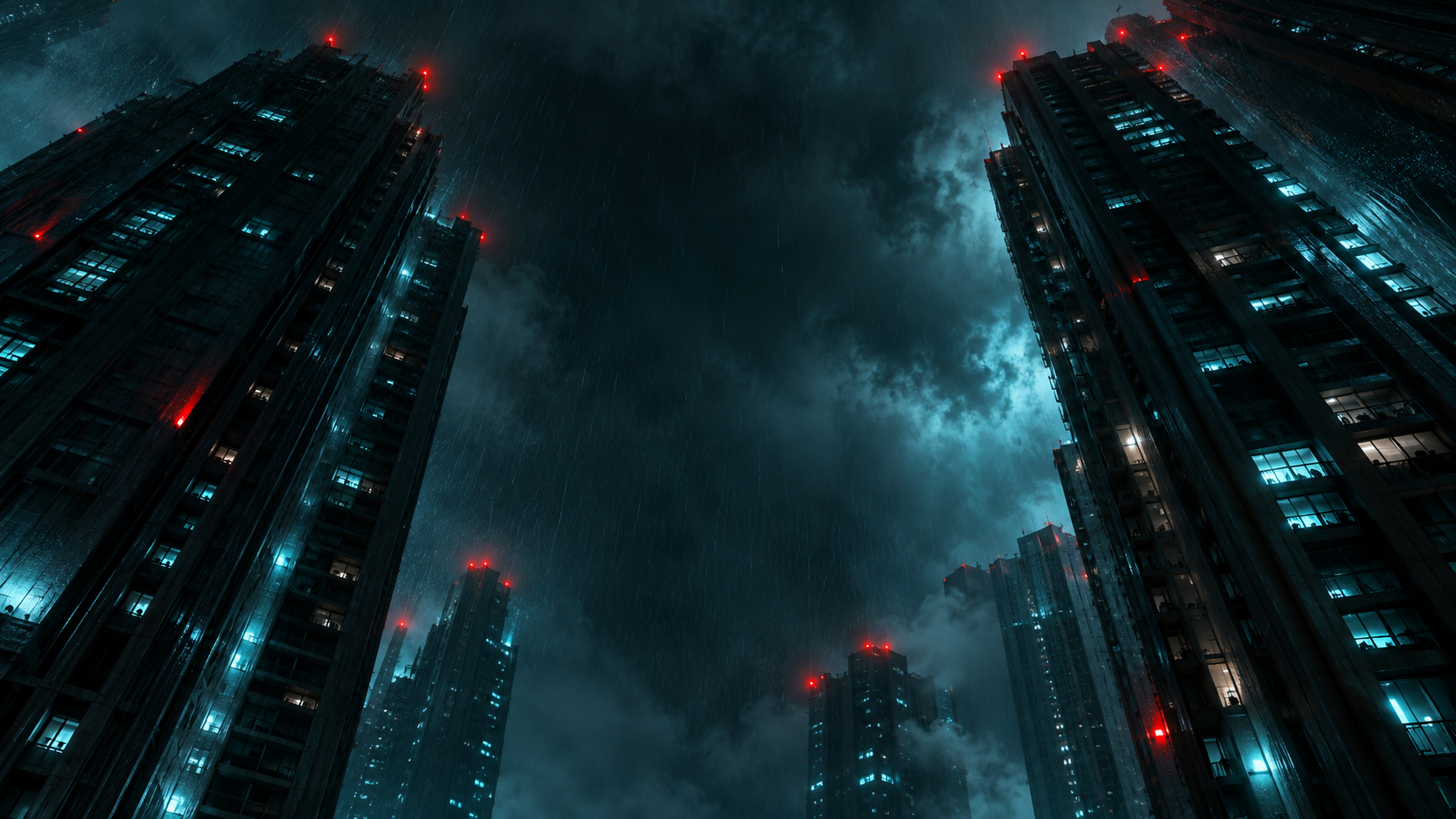 Looking up along colossal dark residential towers with sparse cyan-lit windows and a few red beacons, atmospheric rain.