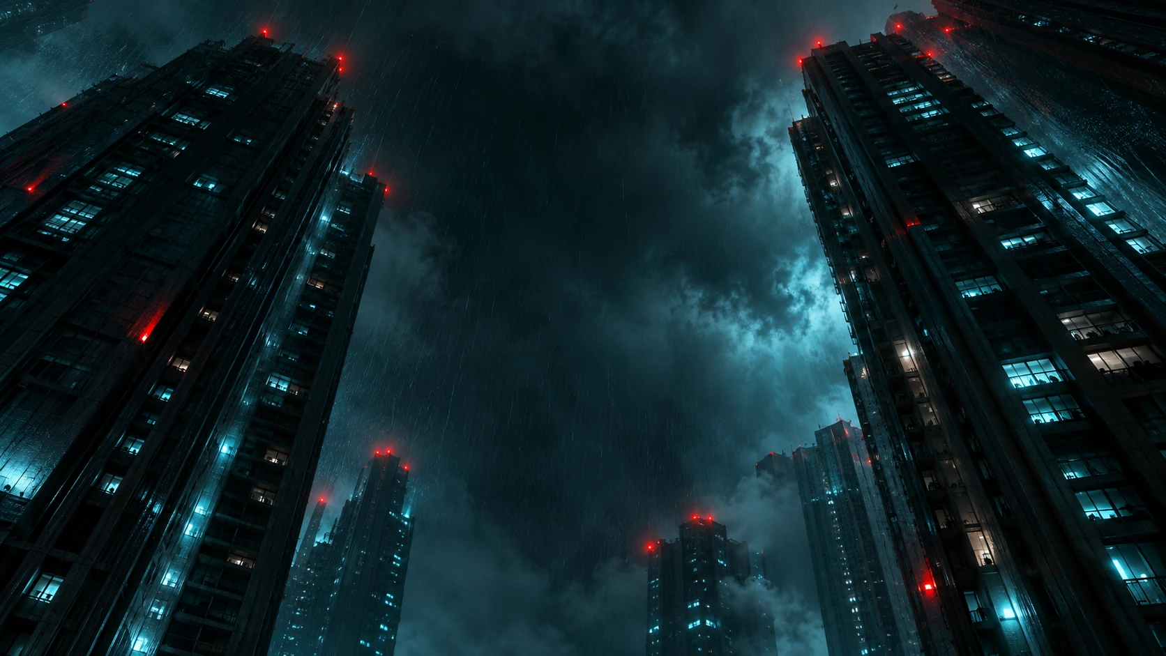 Looking up along colossal dark residential towers with sparse cyan-lit windows and a few red beacons, atmospheric rain.