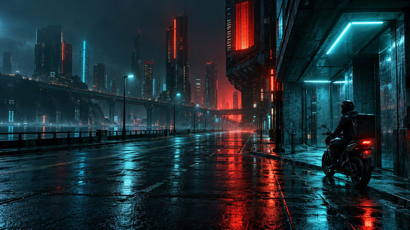 One adult motorcycle courier in a plain dark helmet waits under a cyan-lit overhang at the right of a wet empty futuristic street, no branding.
