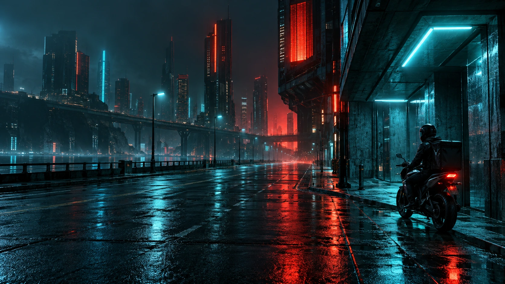 One adult motorcycle courier in a plain dark helmet waits under a cyan-lit overhang at the right of a wet empty futuristic street, no branding.