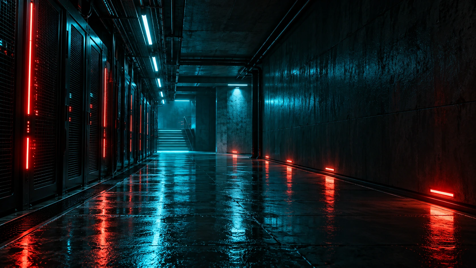 An empty underground corridor lined with dark server-like metallic panels and narrow red status lights, cyan ambient spill, reflective wet stone.