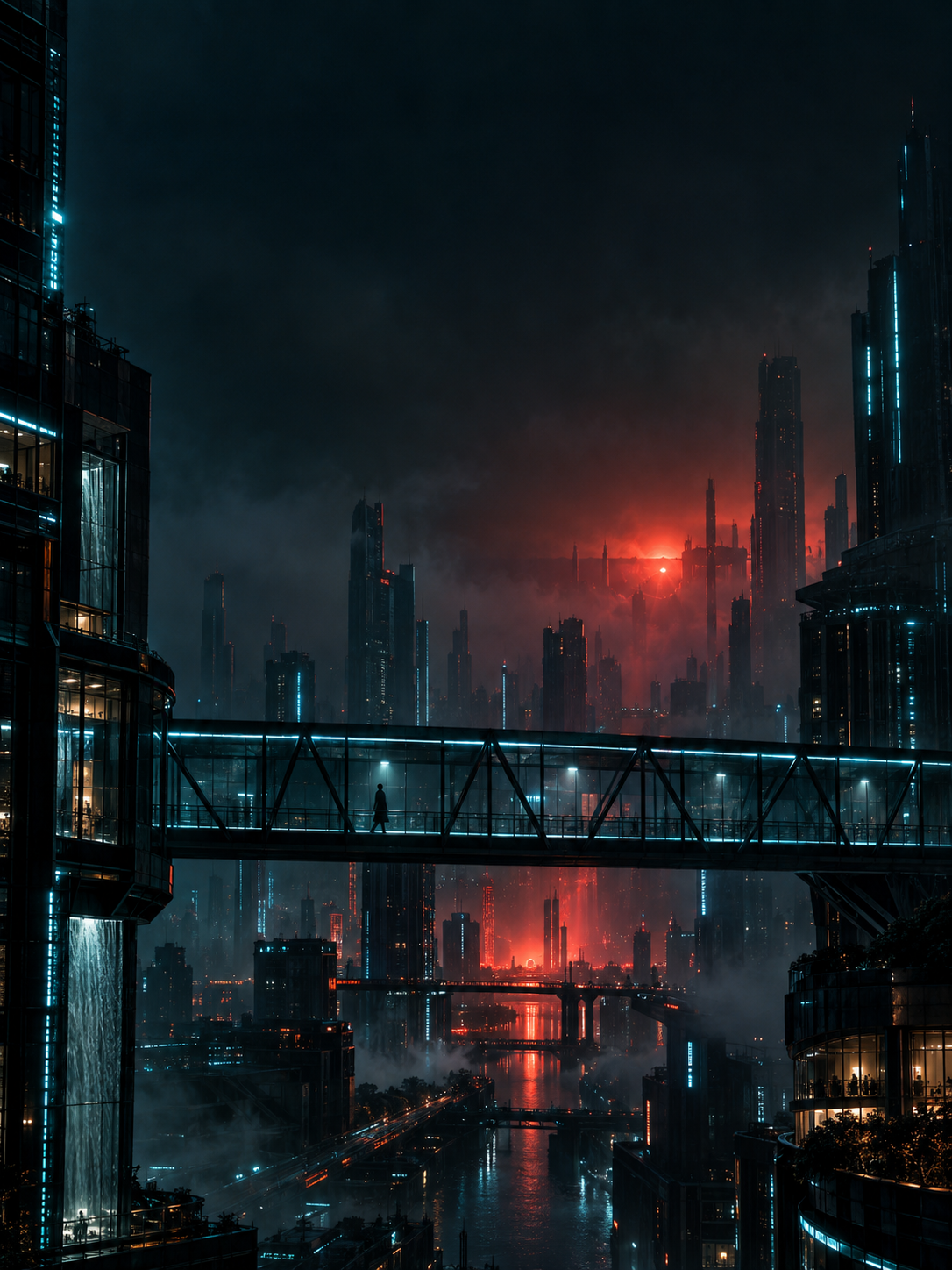 A transparent elevated pedestrian bridge crosses a dark futuristic city, sparse cyan edge lights and a distant vermilion light source in haze.