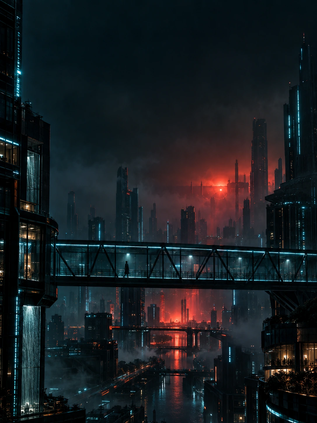 A transparent elevated pedestrian bridge crosses a dark futuristic city, sparse cyan edge lights and a distant vermilion light source in haze.