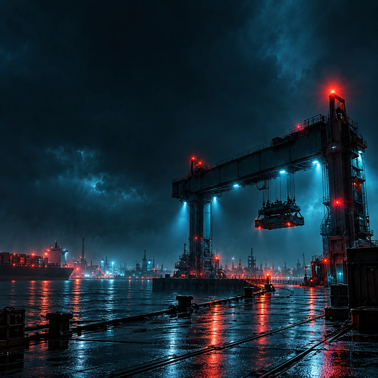 A massive unbranded industrial robot gantry at a rain-soaked future harbor, dramatic cyan rim light and a red practical warning light.
