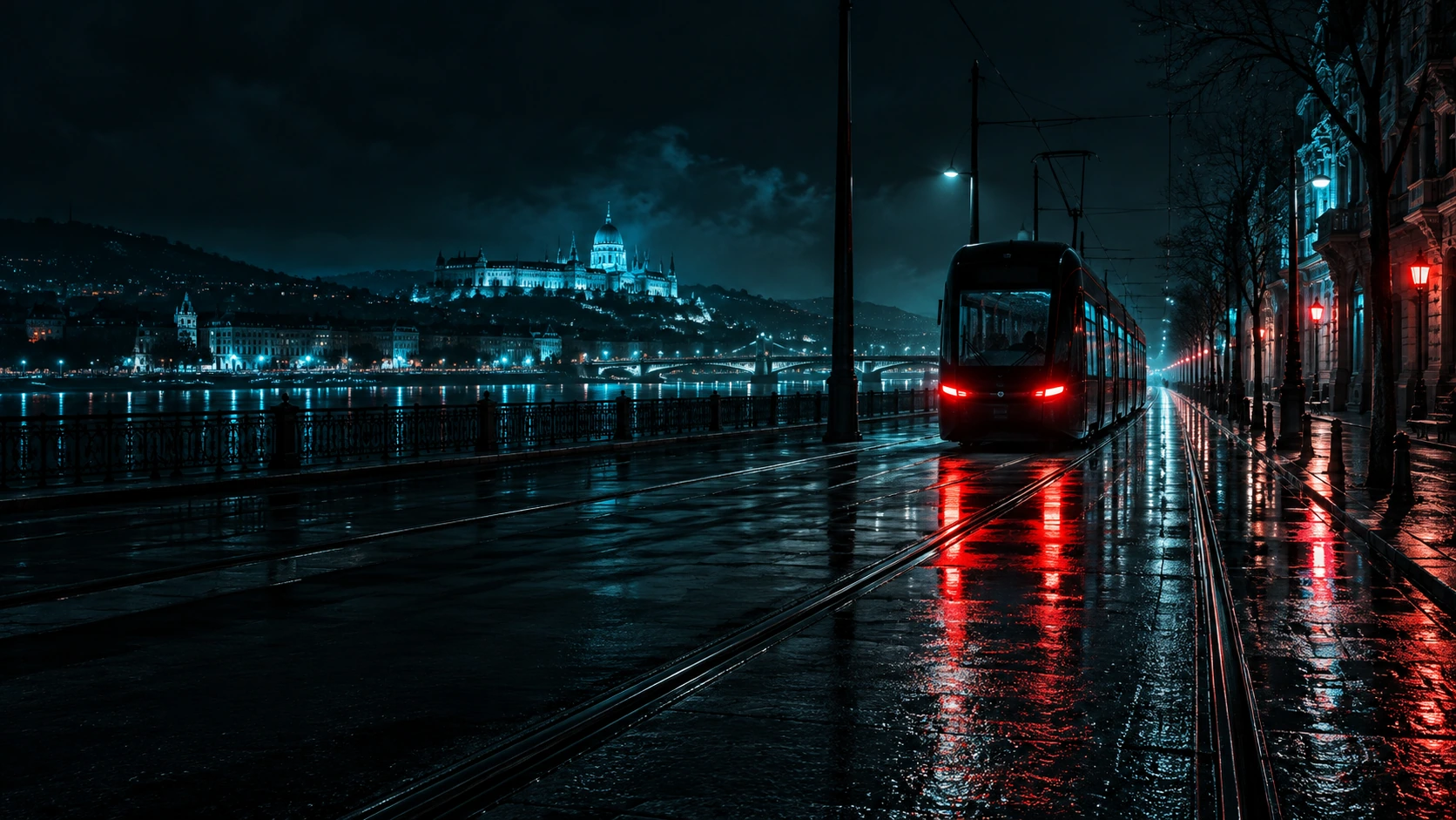 A sleek dark tram recedes along a wet street at night, thin vermilion rear lights reflected on asphalt, cyan-lit distant architecture.