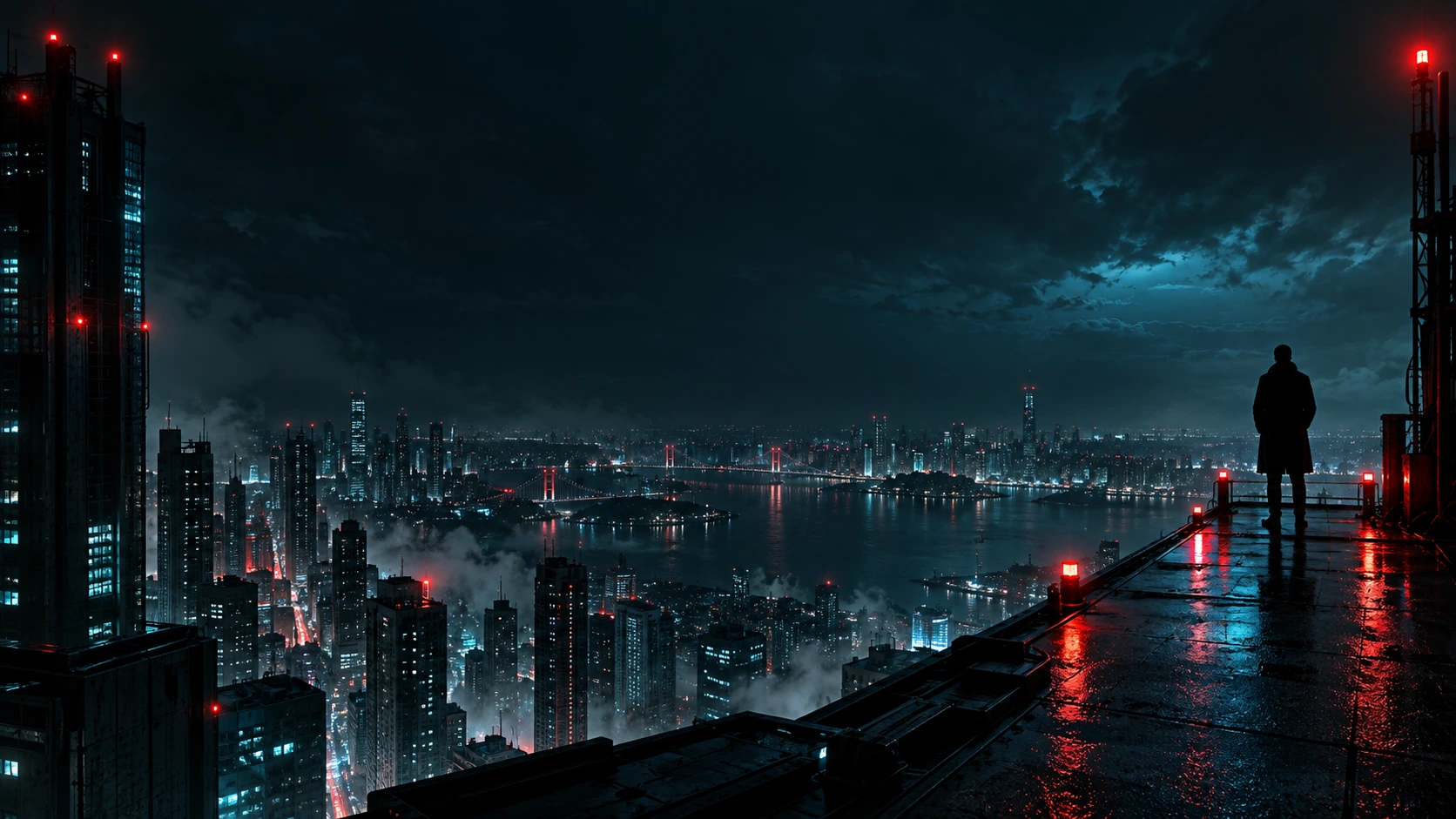 A solitary adult silhouette on the far right of a futuristic rooftop, complex city far below, sparse cyan windows and red beacons.