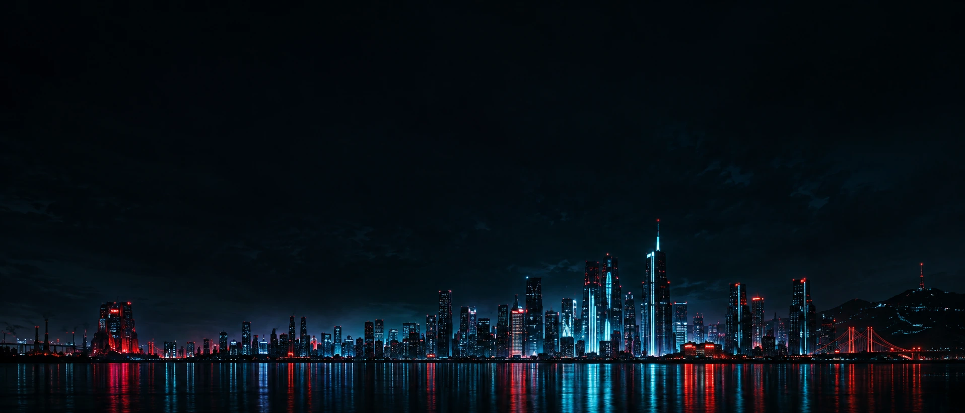 Panoramic distant cyberpunk skyline confined to the bottom quarter, tiny cyan and red practical lights reflected in black water, vast dark sky.