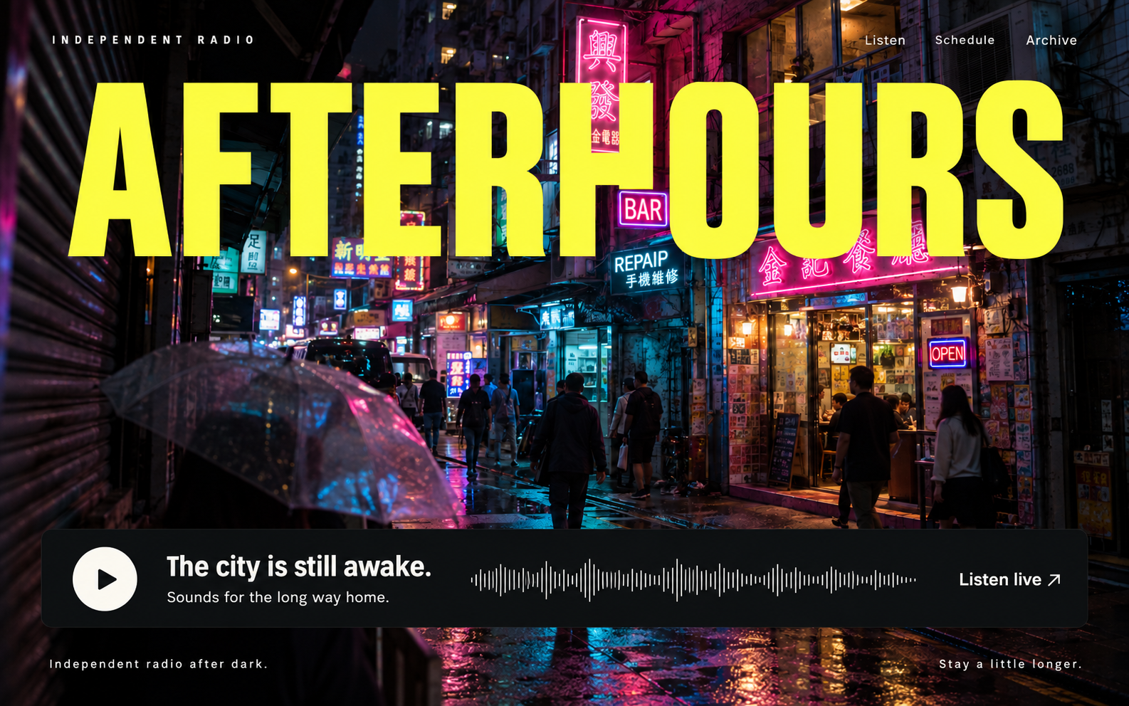 Afterhours radio website concept with acid-yellow editorial typography over a photographic pink-and-cyan neon city street.