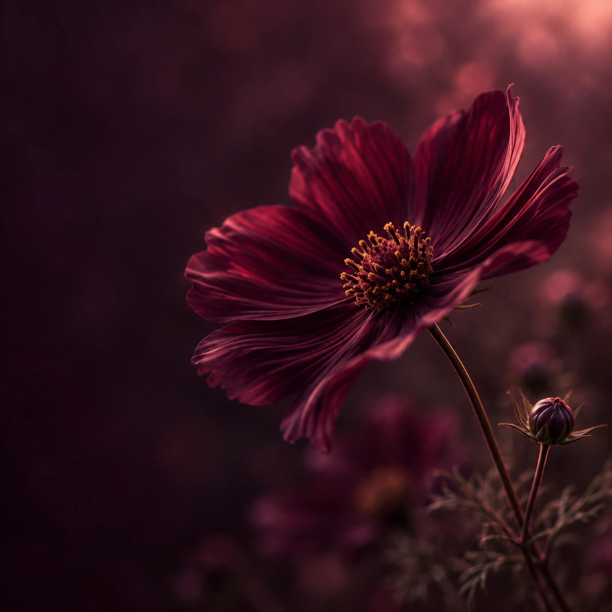 A garden of plum-toned flowers in deep shadow. Square editorial or social card.