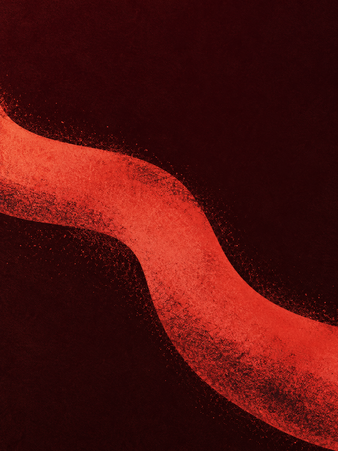 A coarse coral ribbon crossing deep wine-colored grain.