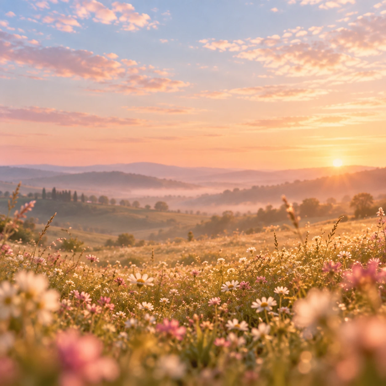 An open wildflower meadow with room to breathe. Service, journal or feature card.