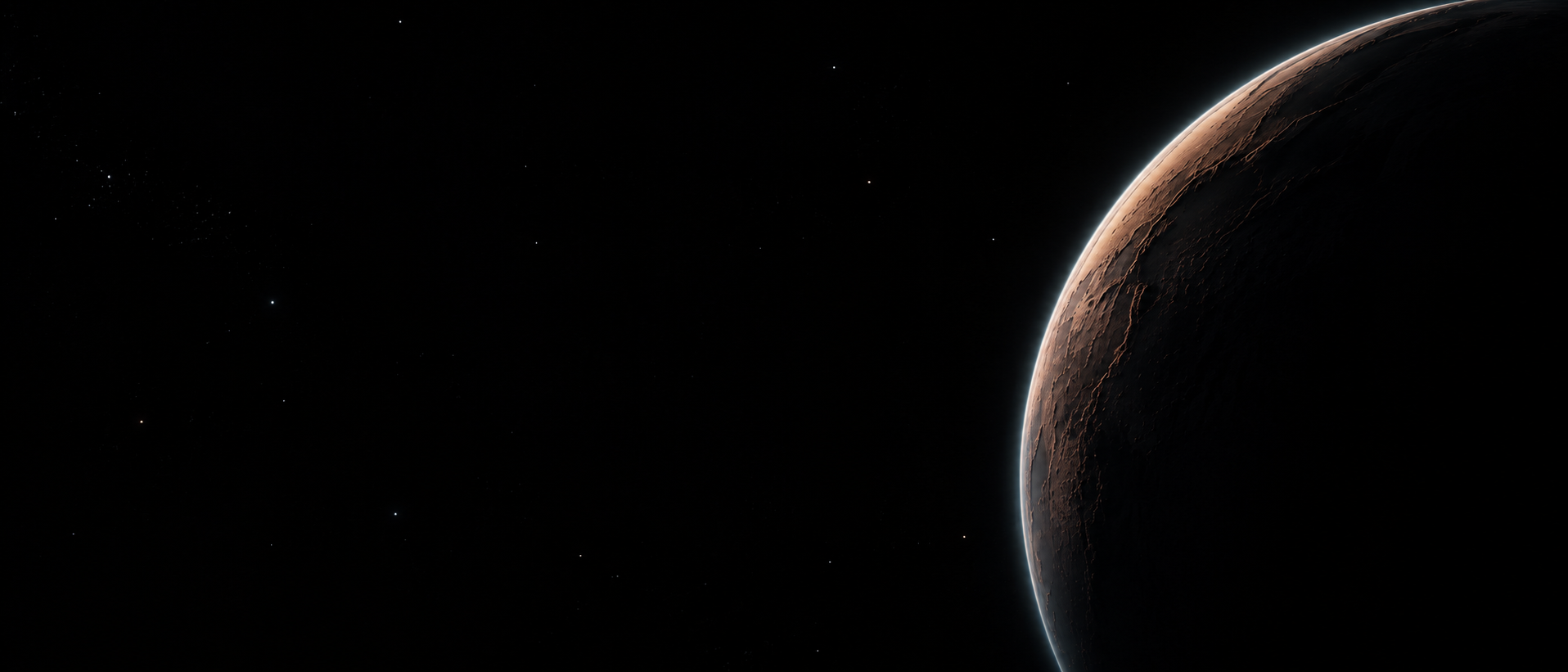 A copper planetary crescent against the vastness of space. Alternate hero with copy on left.