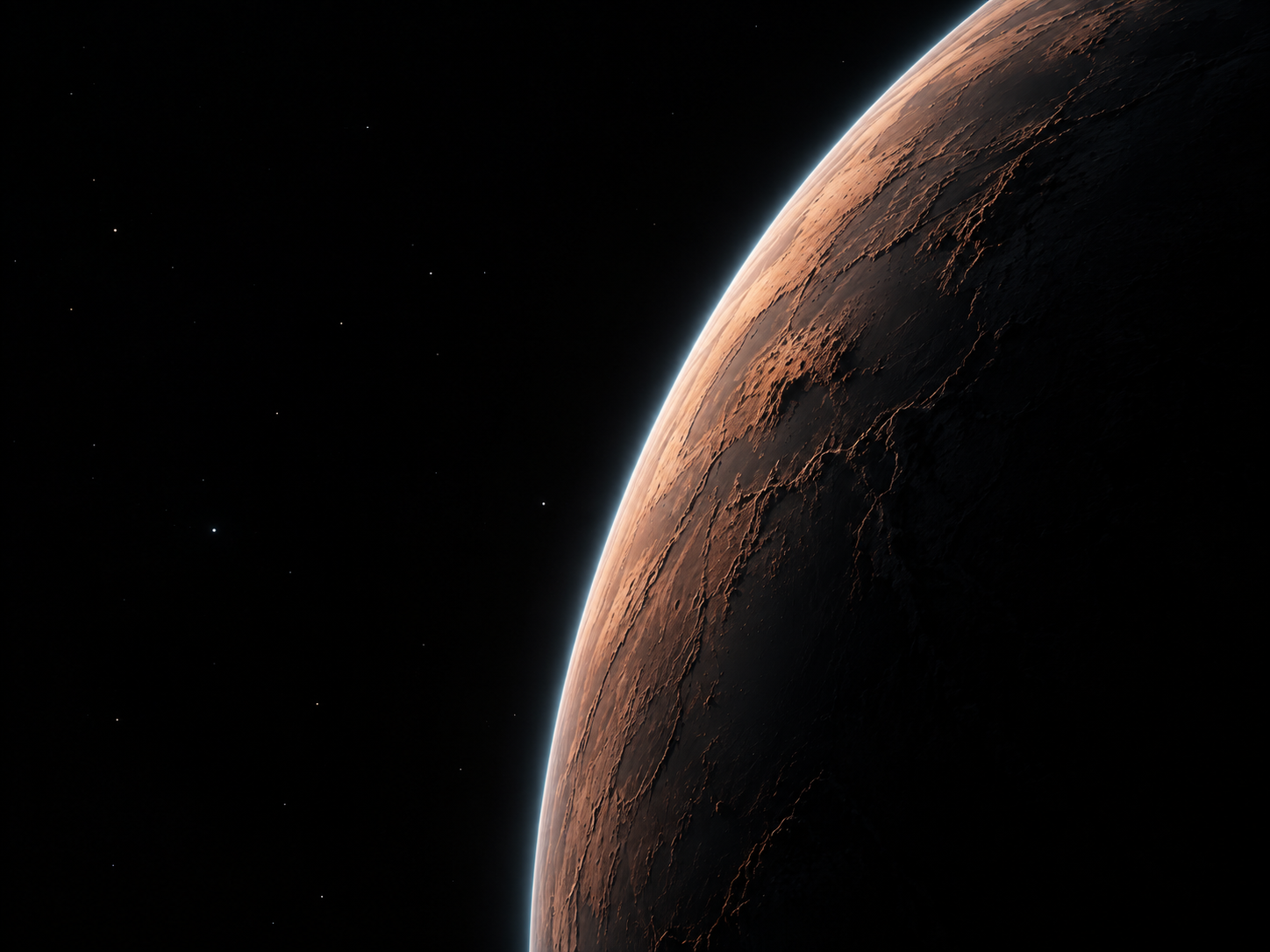 A copper planetary crescent against the vastness of space. Material or feature detail.